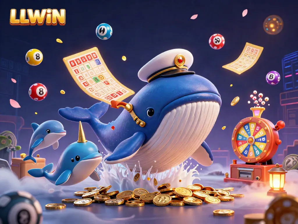 Experience thrilling gambling with LLWIN, featuring a vibrant 3D whale and playful dolphins in a dynamic casino scene.
