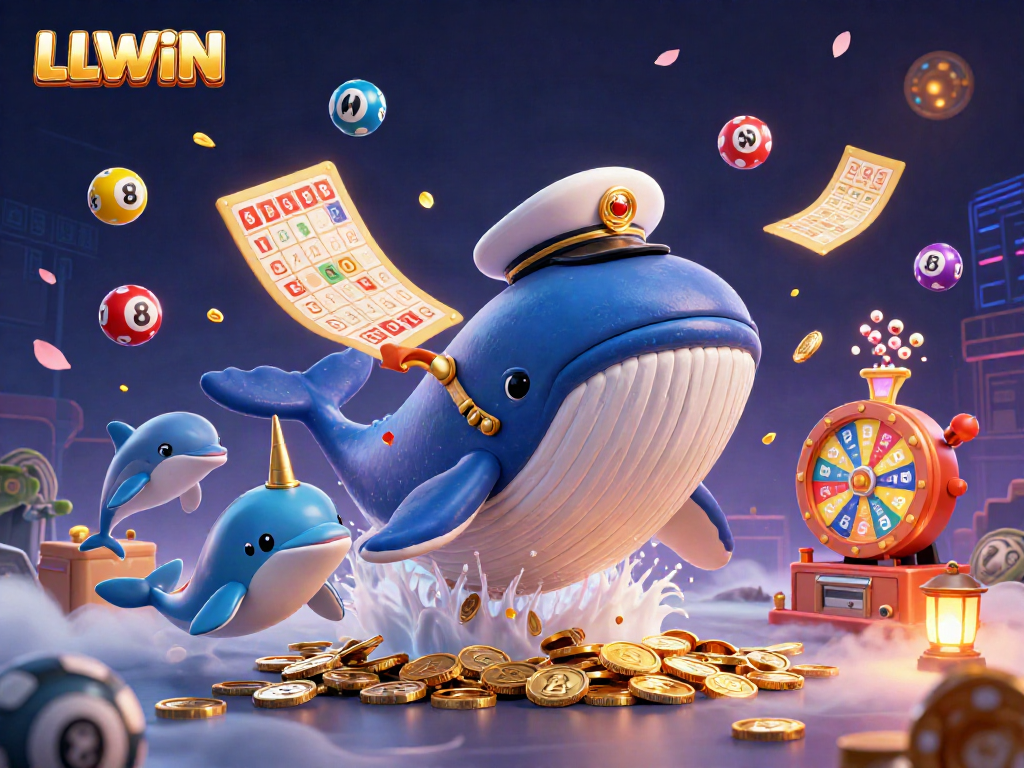 Experience thrilling gambling with LLWIN, featuring a vibrant 3D whale and playful dolphins in a dynamic casino scene.