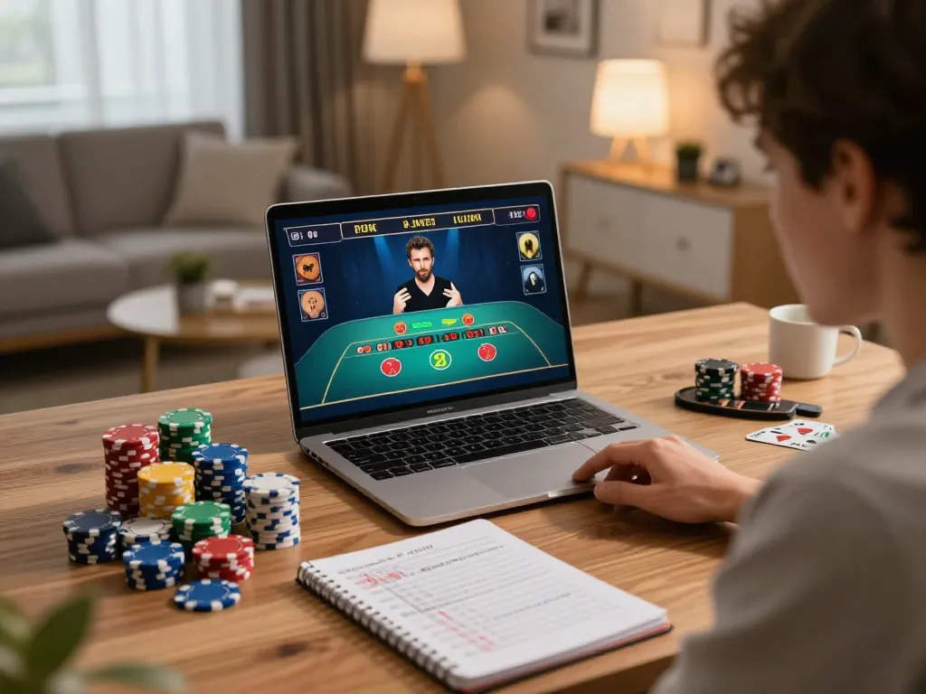 Engaged player enjoying a casinosscope blackjack session on laptop, surrounded by poker chips.