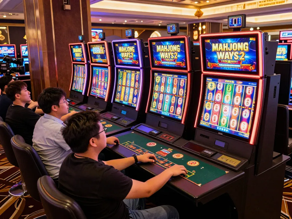 Situs slot mahjong in action with players engaging in high-energy slot game, bright visuals, and excitement