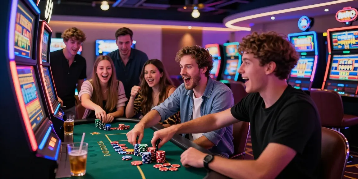 Excited friends at a slot machine enjoying the thrill of gaming in a vibrant casino.
