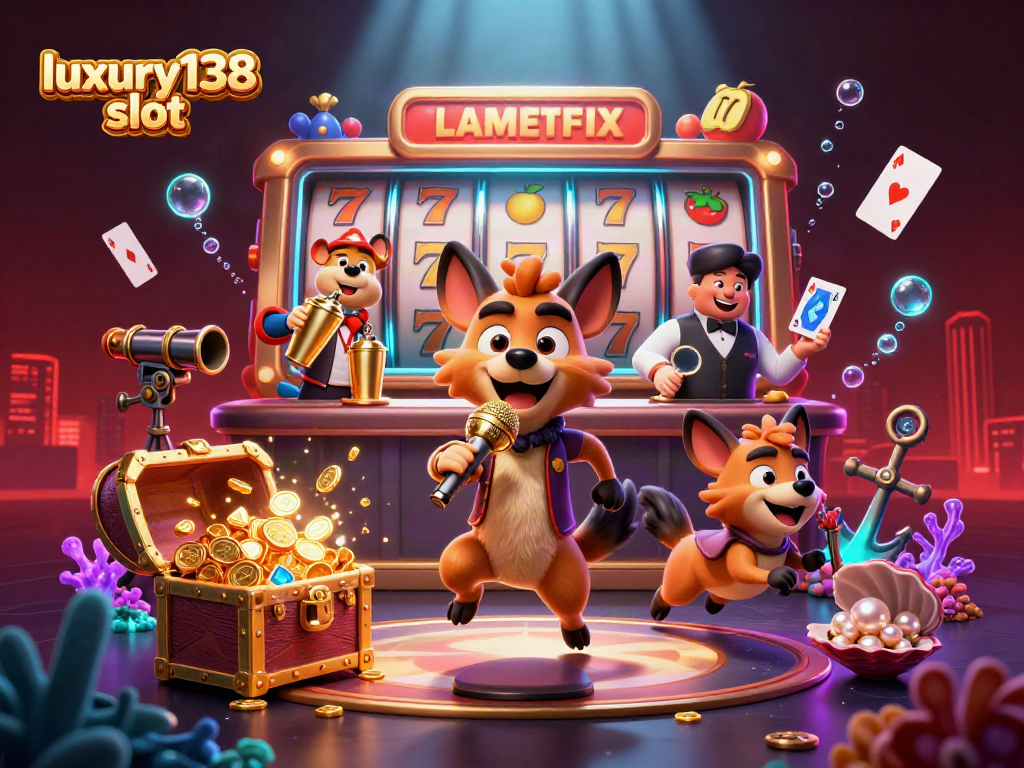 Gambarlah slot luxury138 dengan hyena kartun berkomedi dalam kasino, membagikan koin emas.