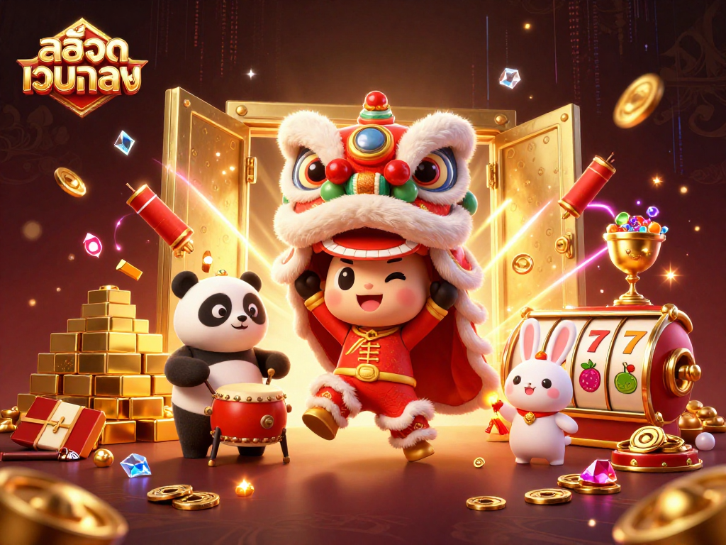 Engage with สล็อตเว็บตรง through a vibrant illustration of a lion dance performing amidst gold treasures and slots.