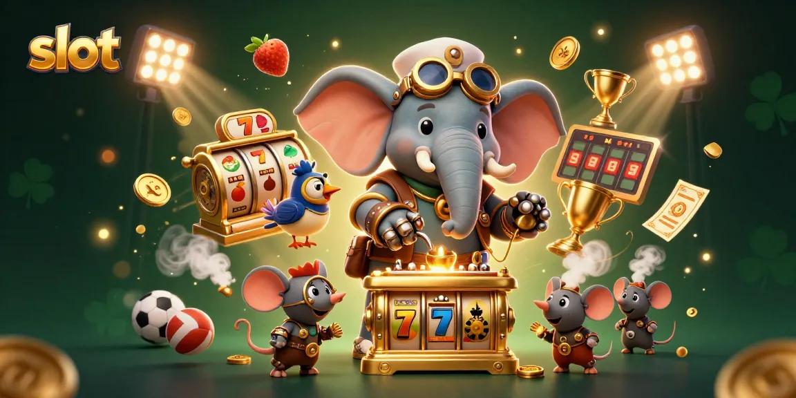 Permainan slot dengan mesin slot berkilau dan karakter unik dalam suasana kasino.