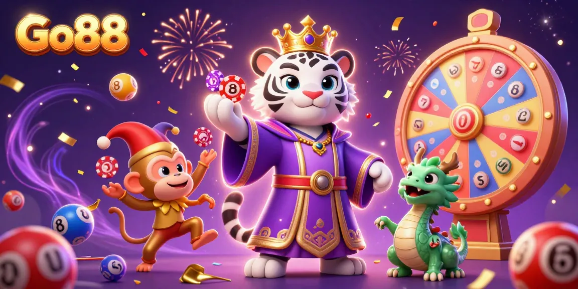 Experience the thrill of Go88 with playful characters, vibrant game elements, and dynamic celebration effects.