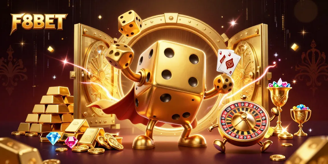 Experience thrilling gameplay with F8BET's vibrant 3D casino adventure featuring golden dice and treasures.