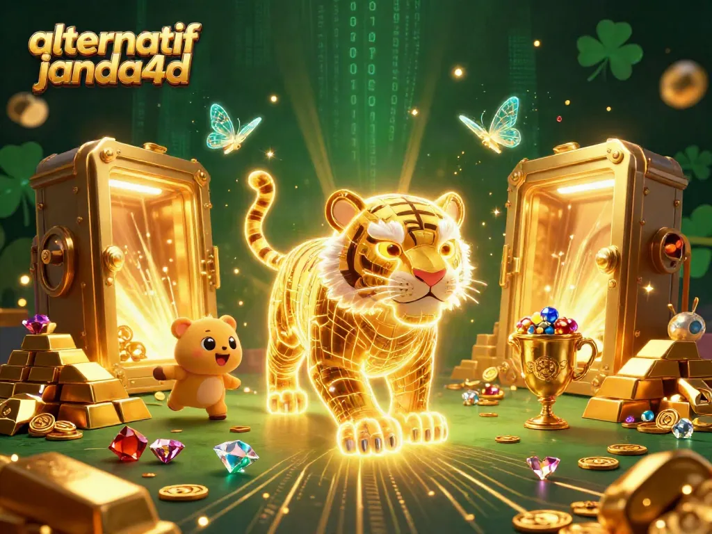 Ilustrasi kasino digital menampilkan alternatif janda4d dengan harimau emas bercahaya dan harta karun permainan.