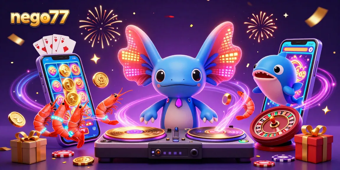 Engage with exciting gaming experiences at nego77, featuring vibrant illustrations of slots, characters, and casino elements.