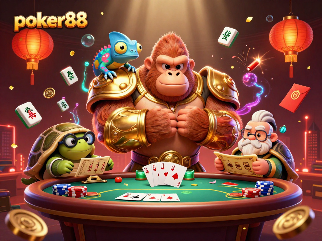 Gorila poker88 tampil dengan gaya dominan di permainan, dikelilingi chip dan kartu poker yang bersinar.