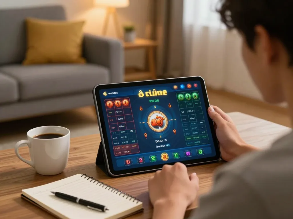 Engaging in lô đề online gambling strategy at home, showcasing a cozy gaming setup with tablet and notes.