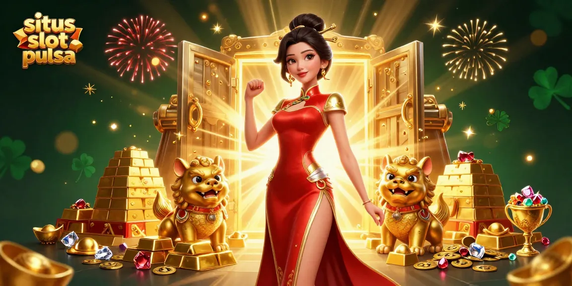 Terlibat dengan situs slot pulsa, sebuah platform slot online yang menarik dengan ilustrasi 3D mencolok dari wanita Asia yang glamor dan harta karun emas.