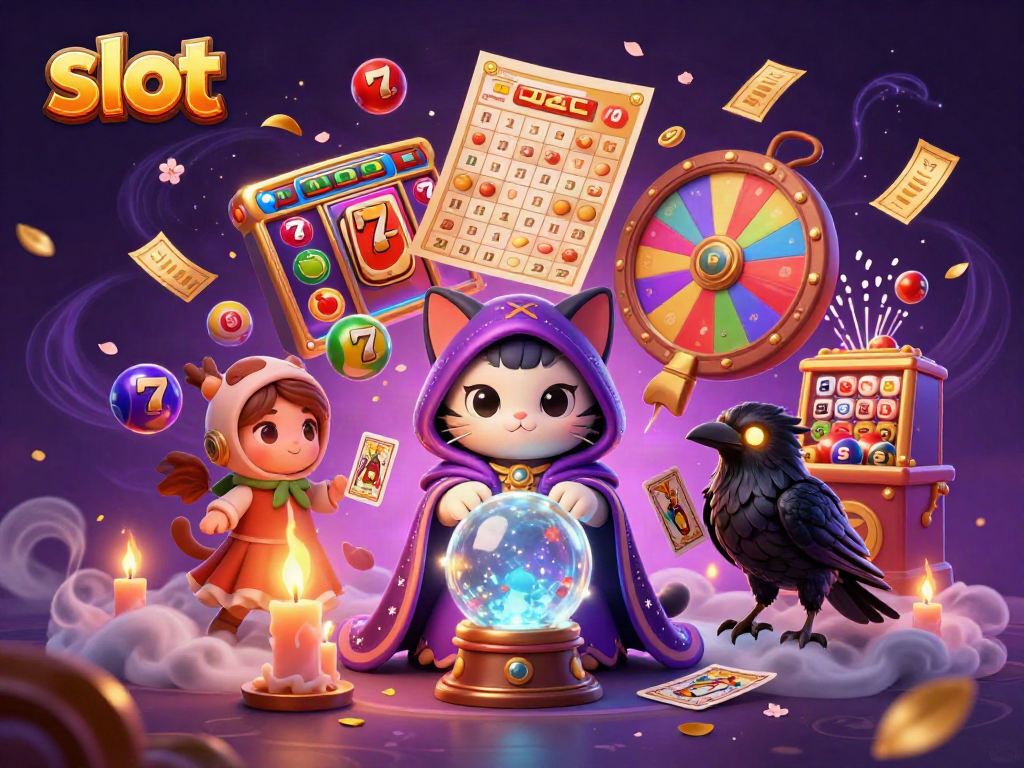 Engage players with colorful slot reels and mystical characters in this vibrant gambling illustration.