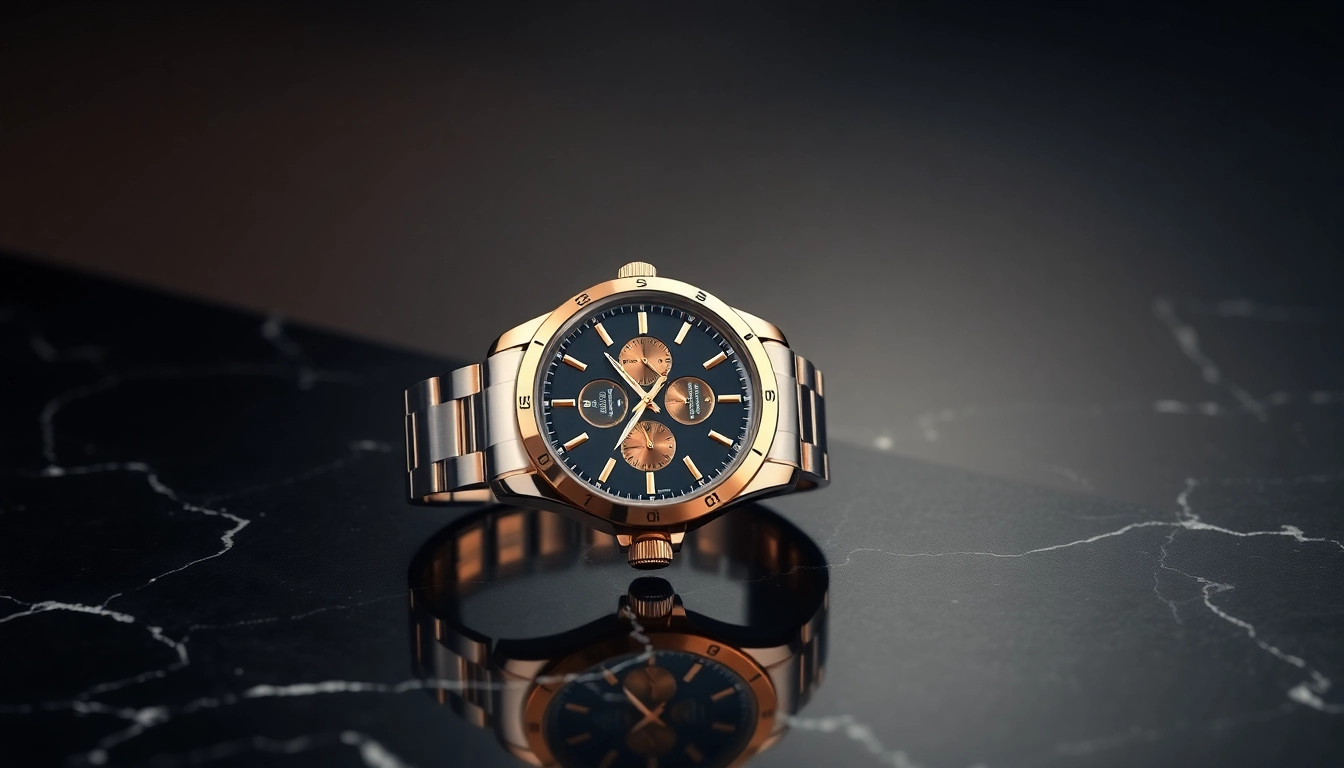 Admire this stunning replica watch showcasing its intricate design and metallic features.