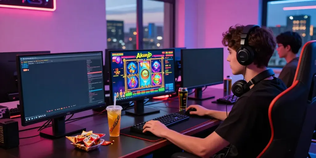 A young gamer engaged with stunning Akunjp slot game graphics during an exciting online gaming session.