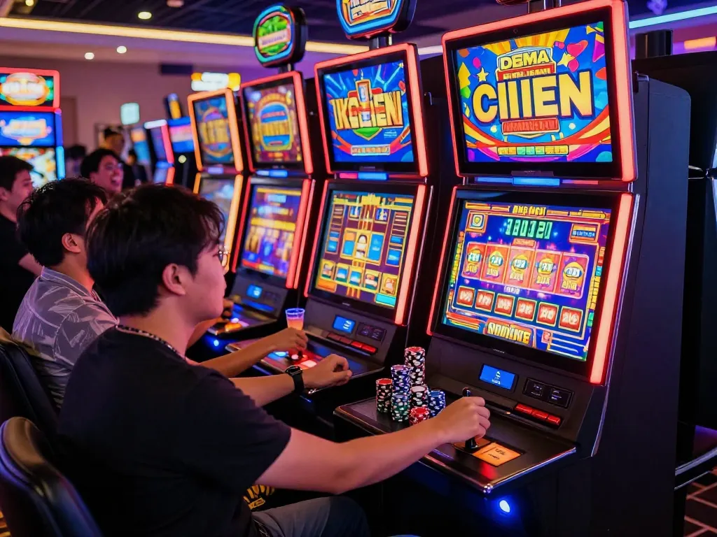 Para pemain menikmati pengalaman bermain link gacor yang mendebarkan di mesin slot kasino yang ramai dikelilingi oleh cahaya neon.