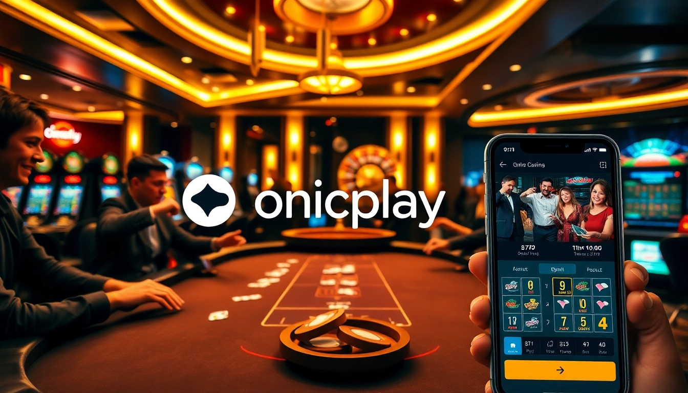 Exciting casino environment with players engaged at onicplay table games and slot machines.