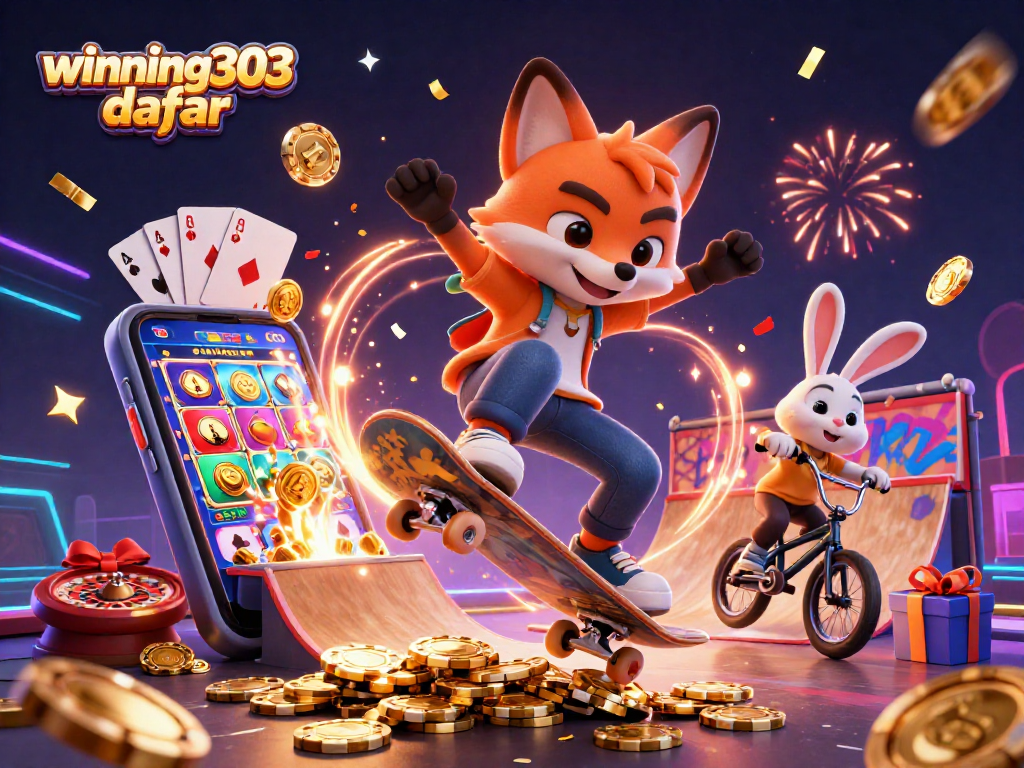 Winning303 daftar showcases an exhilarating scene of a fox and rabbit riding waves of casino excitement.