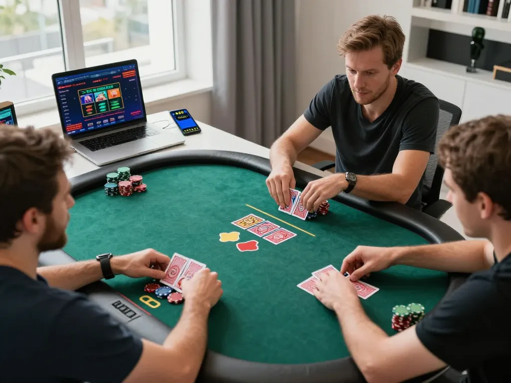 Exciting online poker gameplay at pintu888top with players actively engaged at home