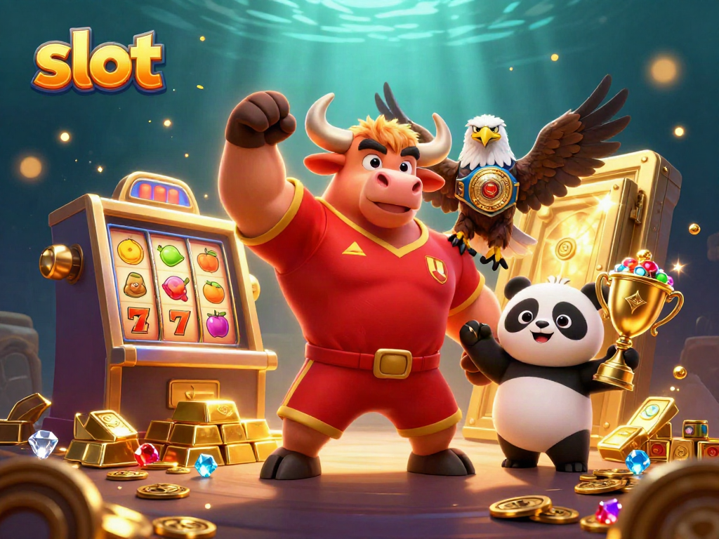 Slot mesin yang penuh kemewahan dengan karakter menarik seperti banteng, elang, dan panda dalam suasana kasino.