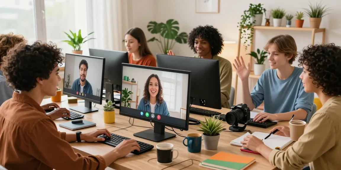 Engaging online video chat scene for شات فله featuring diverse individuals in cozy home offices.