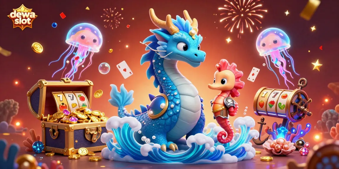 Dive into dewa slot action with an azure dragon, seahorse knight, and vibrant slot elements in this celebratory casino scene.