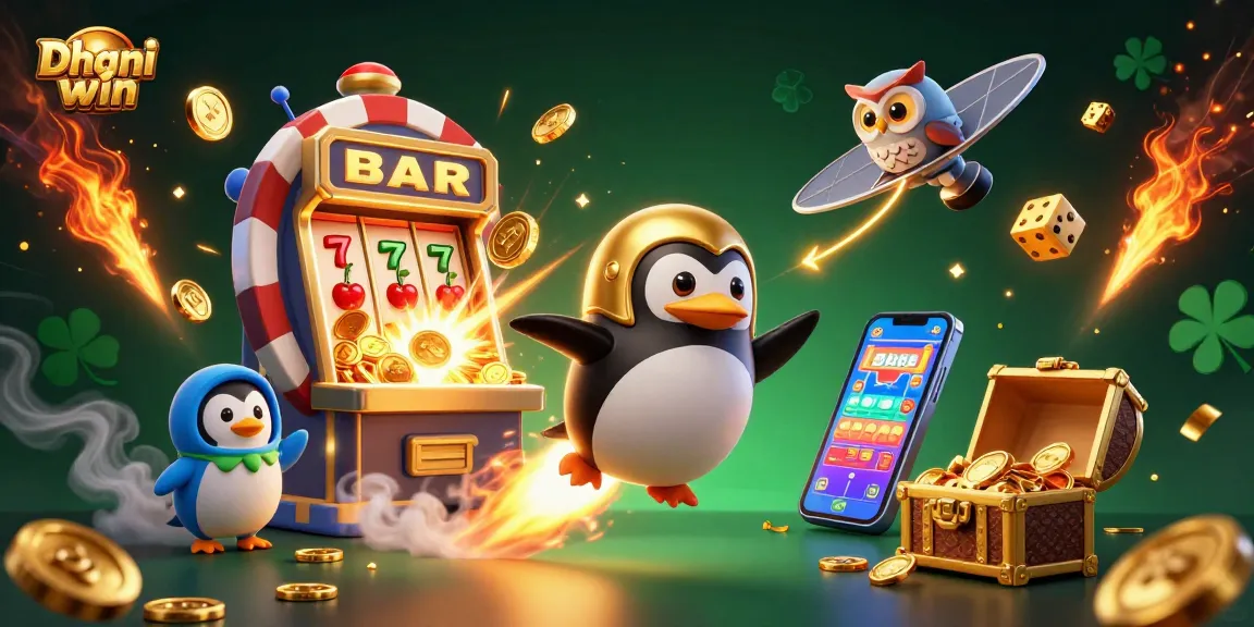 Dhani win features a golden penguin rocket blasting off to a casino space station with gaming elements.