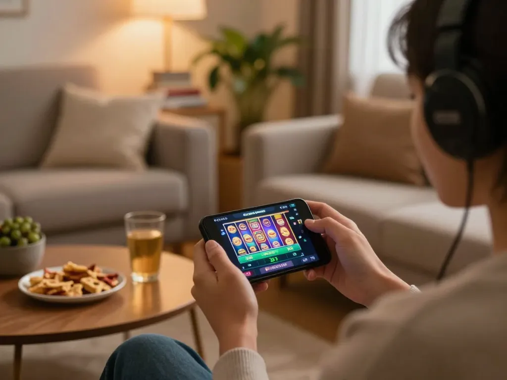 Playing slots not on gamstop while relaxing at home with a smartphone and snacks.