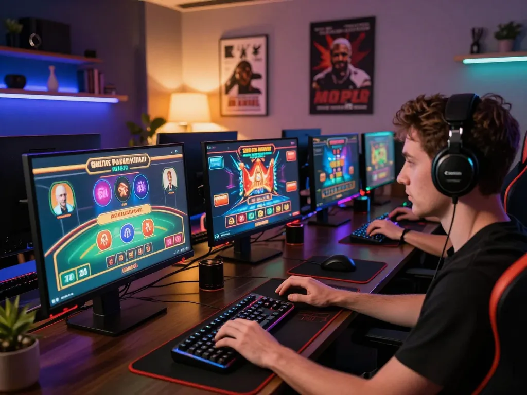 KJC gaming enthusiast placing strategic bets in a modern online gambling setup showcasing engaging casino screens.