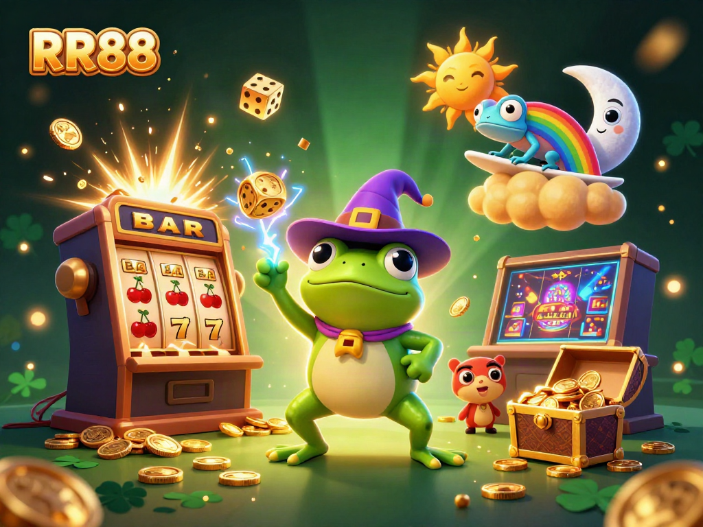 Engage with RR88's 3D cartoon illustration showcasing a wizard frog unleashing golden coins amidst a vibrant casino atmosphere.