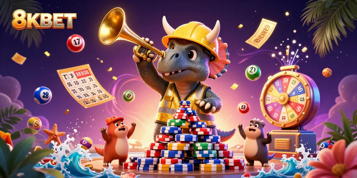 Join the excitement at 8KBET as a triceratops builds poker chip pyramids, celebrating with colorful lottery balls!