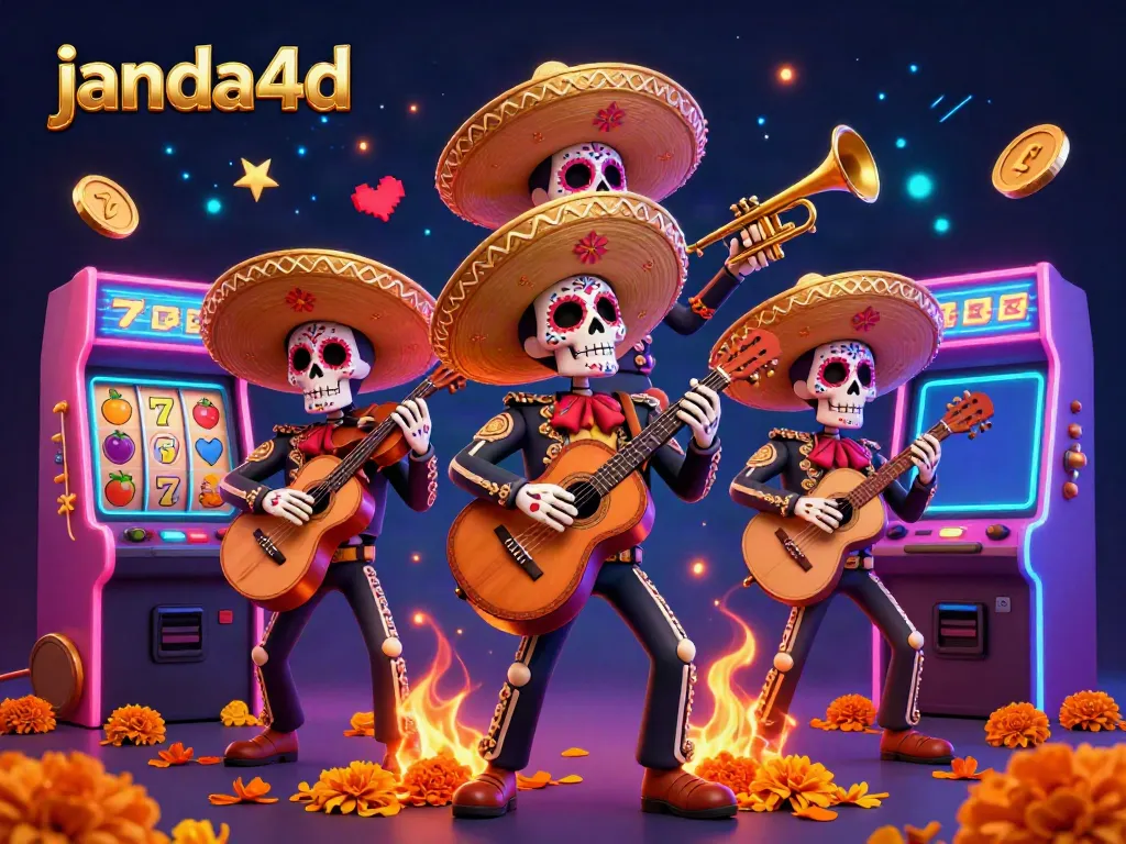 Gambar karakter band mariachi Dia de los Muertos janda4d menang di mesin slot yang ceria.
