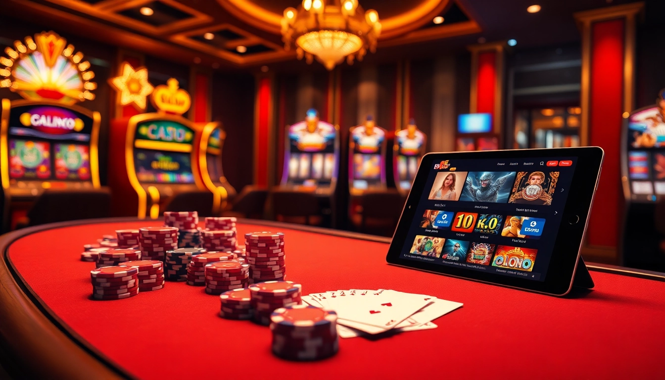 Engage with PG Demo gameplay at a luxurious casino featuring vibrant chips and captivating slot machines.