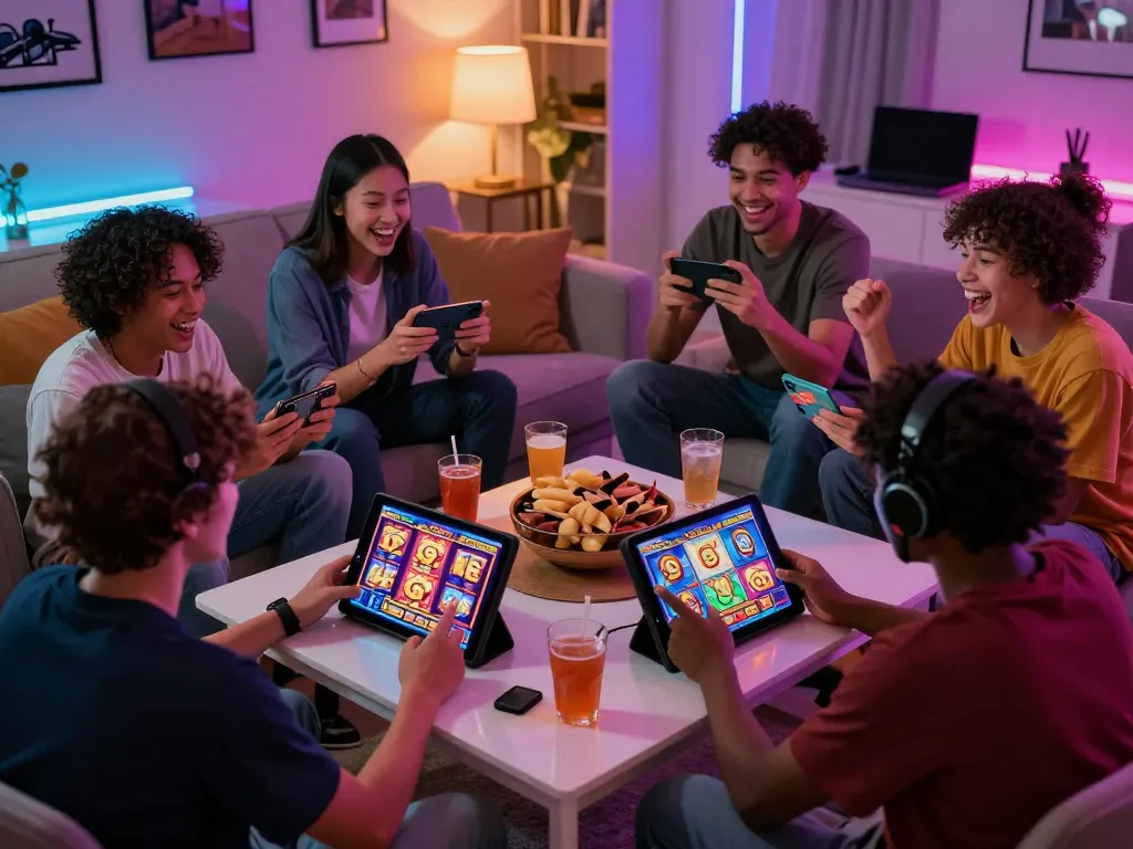 Sesi permainan daring yang mendebarkan dengan pemain yang terlibat dalam permainan slot yang berwarna-warni di perangkat mereka, menunjukkan keseruan hiburan virtual.