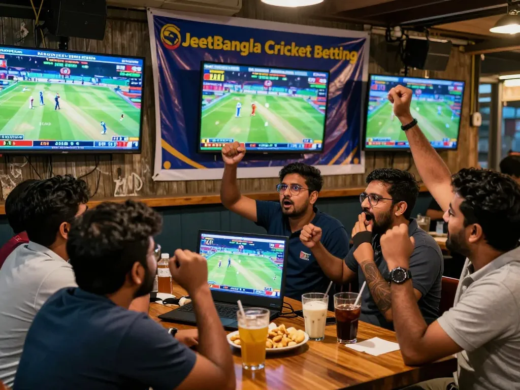 Fans engaging in JeetBangla cricket betting at a lively sports bar, watching live matches and discussing odds.