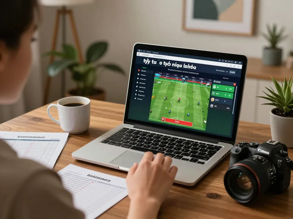 Tỷ lệ kèo nhà cái 5 displayed on users' laptop during engaging online sports betting session at home.