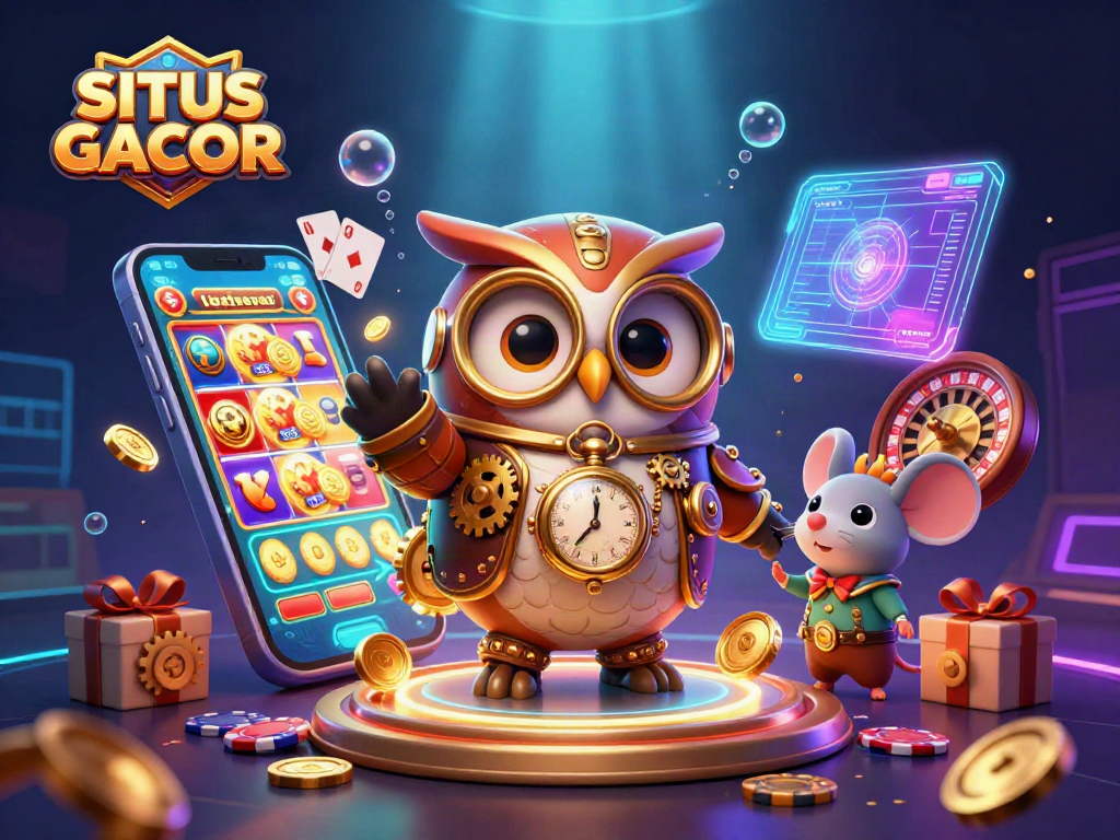 SITUS GACOR showcases thrilling casino adventure with time-traveling owl, vibrant slot games, and golden coins.