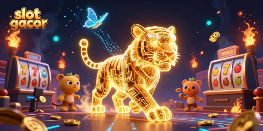 Menangkan jackpot di slot gacor dengan karakter 3D kucing emas yang bersinar dalam kasino digital.