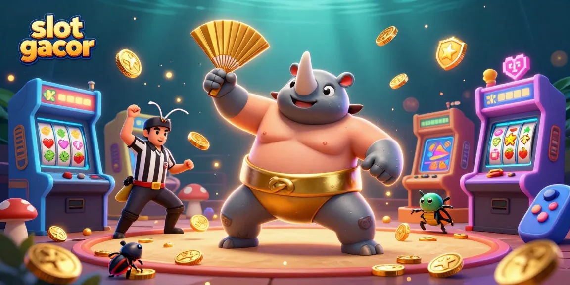 Engage with slot gacor as a powerful beetle champion stomps coins in a vibrant casino scene.