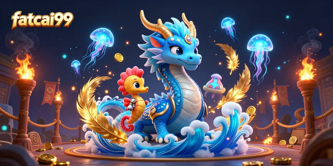 Experience captivating gaming with fatcai99 as the dragon and seahorse knight soar amidst vibrant casino elements.
