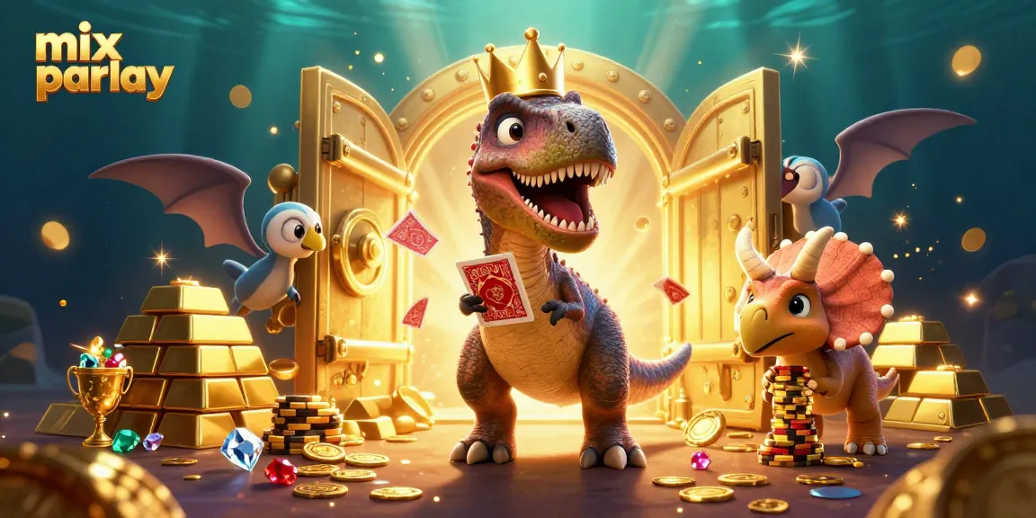Engage with mix parlay strategies in an exciting casino scene featuring cartoon dinosaurs.