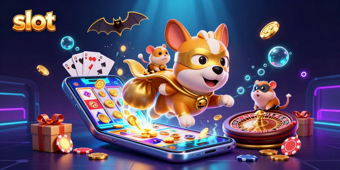 Bermain slot dengan karakter superhero anjing dan hamster, dikelilingi oleh mesin slot dan chip poker.