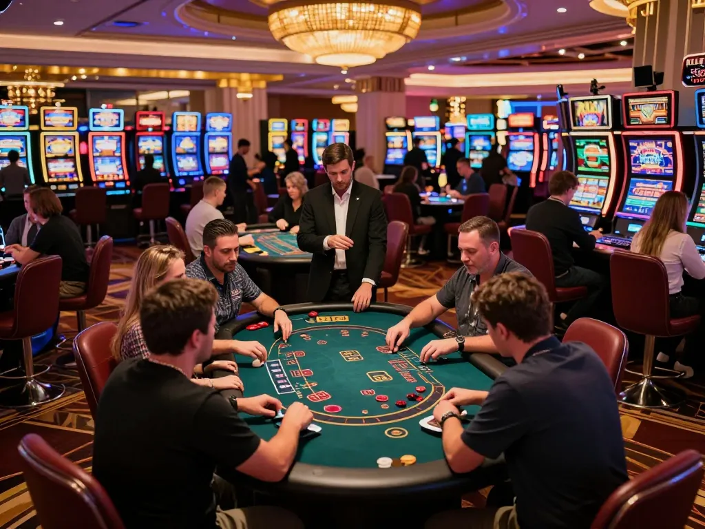 Engaging scene of players at a blackjack table in Las Vegas, showcasing luckyindex strategies for winning.
