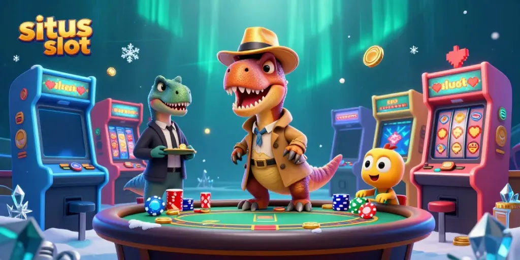 Permainan situs slot dengan karakter kartun 3D velociraptor di meja blackjack.