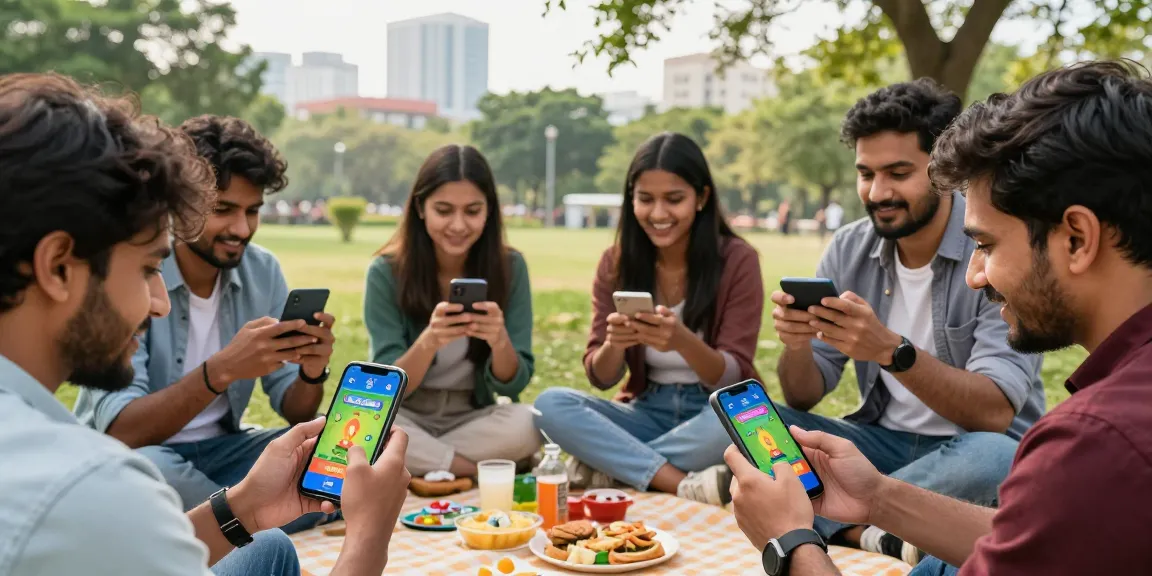 Tiranga Game Login scene with players enjoying color prediction games on smartphones in a lively outdoor setting.