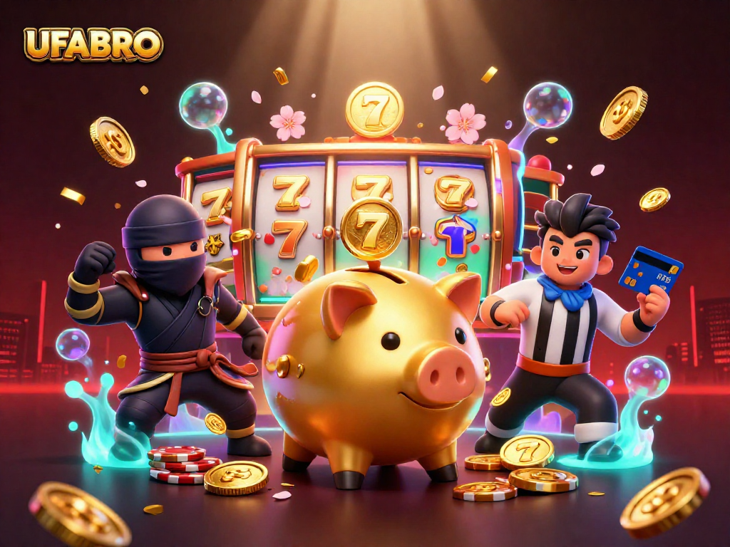 UFABRO's dynamic scene showcases a golden sumo wrestler and ninja amid slot reels, capturing the thrill of online betting.