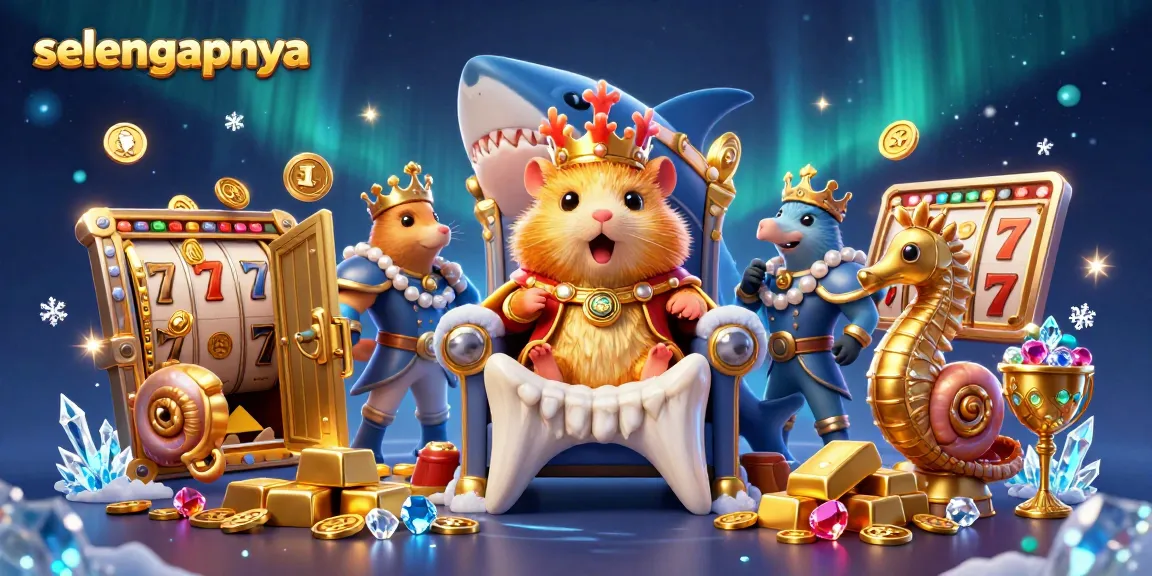 Engage with a vivid casino scene featuring the golden hamster king, slot reels, and stunning treasures, selengkapnya at your fingertips.