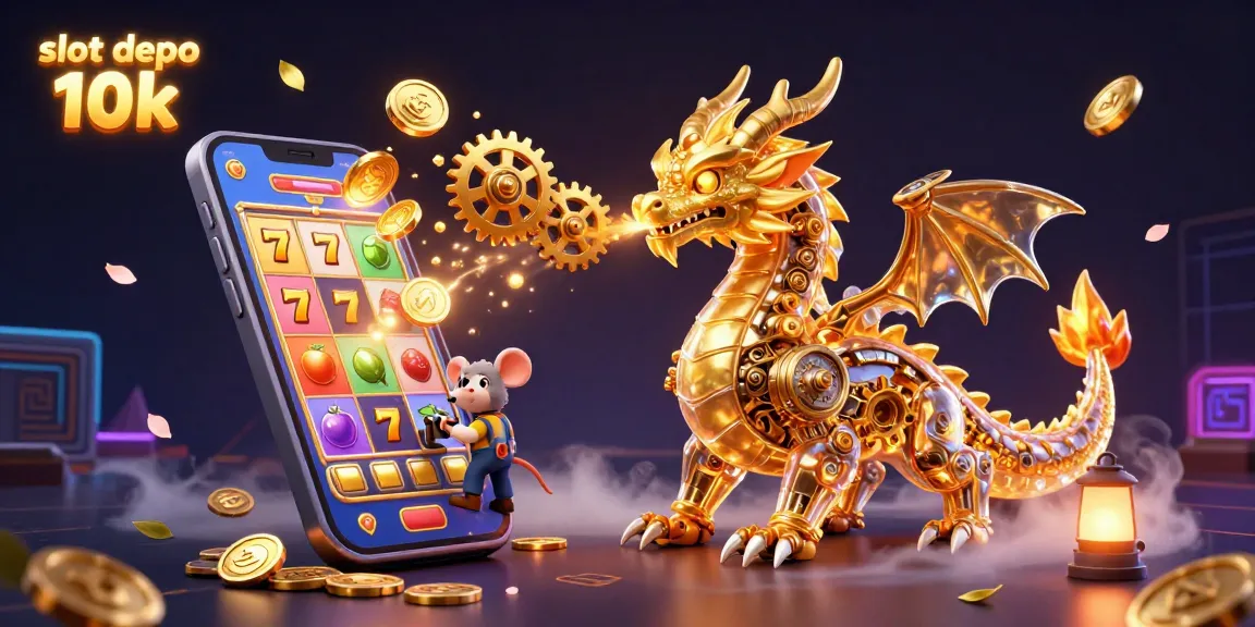 Spin big wins at slot depo 10k with a dazzling 3D scene of a golden dragon and game elements.