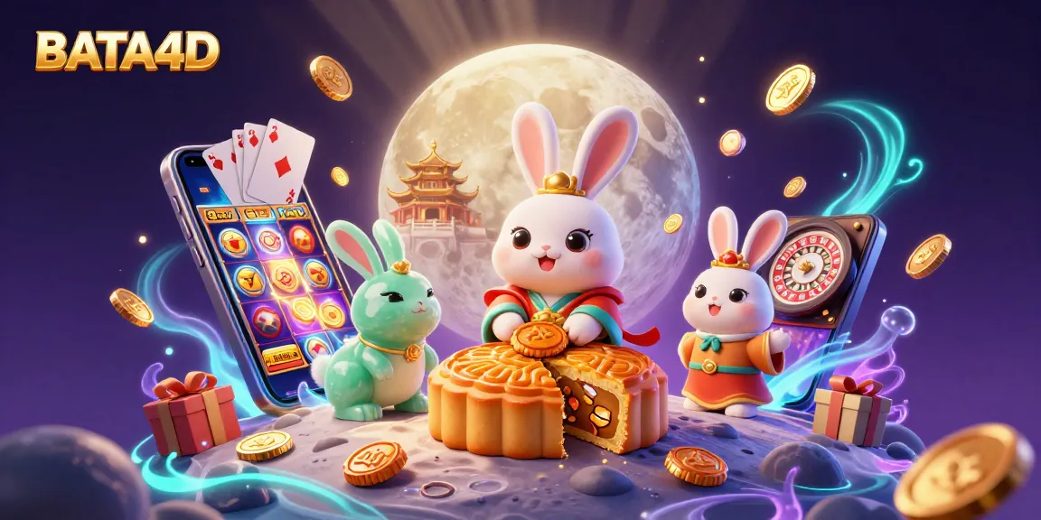 BATA4D menghadirkan ilustrasi 3D dengan kelinci bulan yang mengolah kue bulan emas sambil menikmati chip poker dan permainan slot.