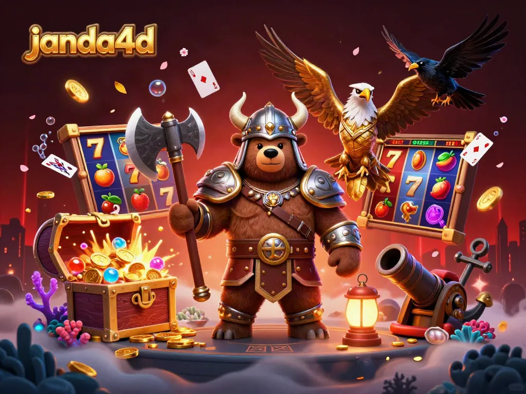 Ilustrasi ceria janda4d dengan beruang Viking berperang di lingkungan permainan slot.