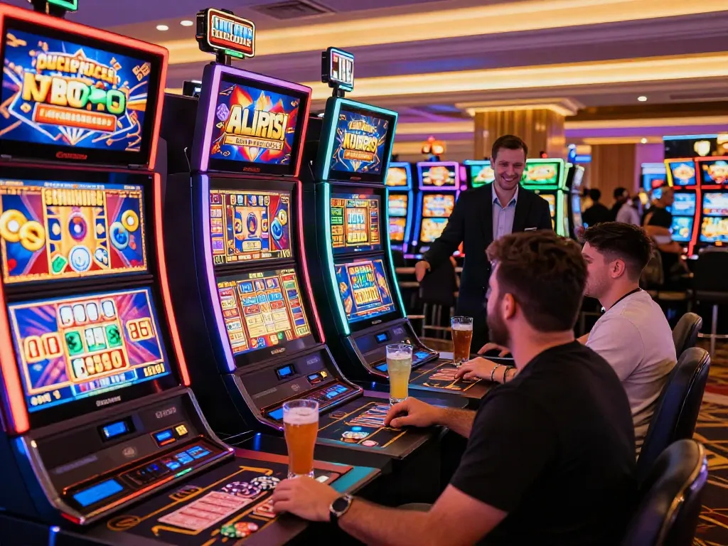 Exciting gaming atmosphere at luxury12 with players enjoying vibrant slots and drinks.